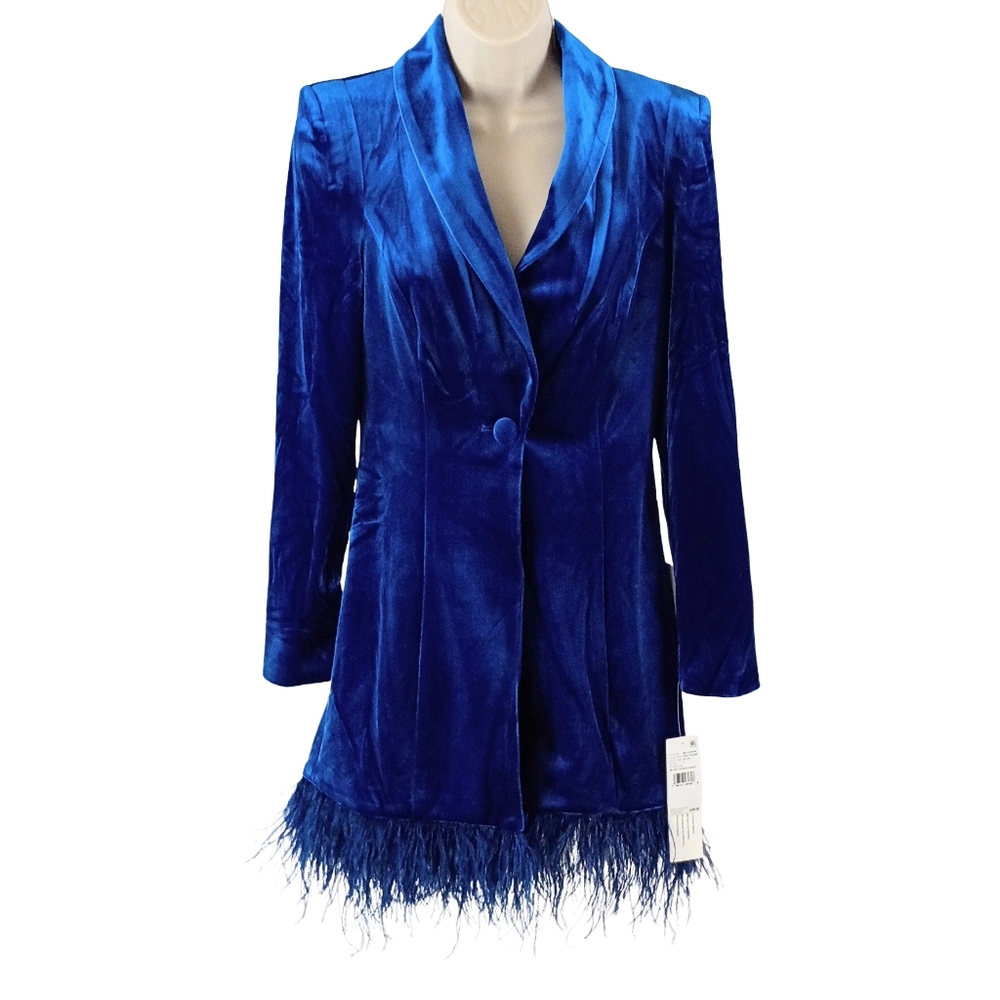 Aidan Maddox Royal Blue Velvet Feather-Hem Tuxedo Dress